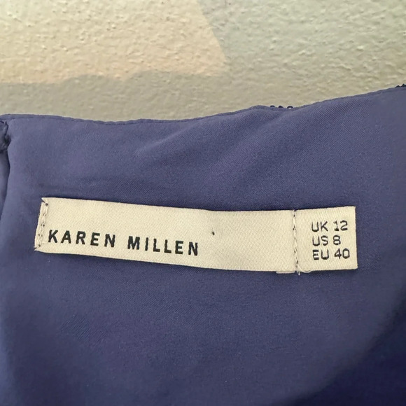 Karen Millen 100% Silk Fit n Flare Dress Deep Blue Black Lace Sleeves Size 8 ASO - Picture 10 of 11